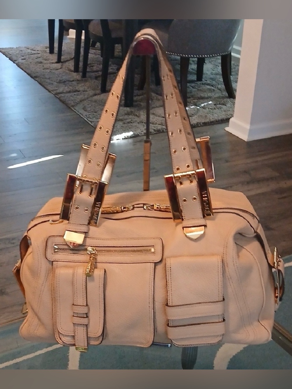 Versace Rare Y2K Beige Pebbled Leather Oversized Carryall Satchel Bag EUC w/COA